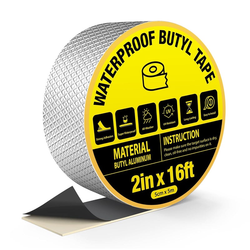 360Tronics Waterproof Butyl Sealing Tape, Strong Adhesive Aluminum Foil Metal Roof Repair Tape for RV Roof Sealing, Flashing Seams, Gutters, Skylight and Vent Pipes Waterproofing, 2" x 16ft - Image 1